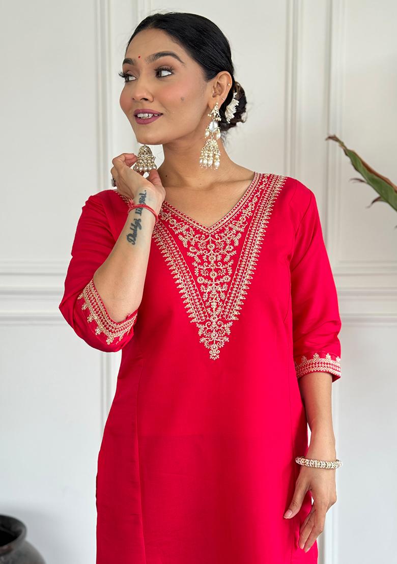 Hot Pink Embroidered Chanderi Kurta set