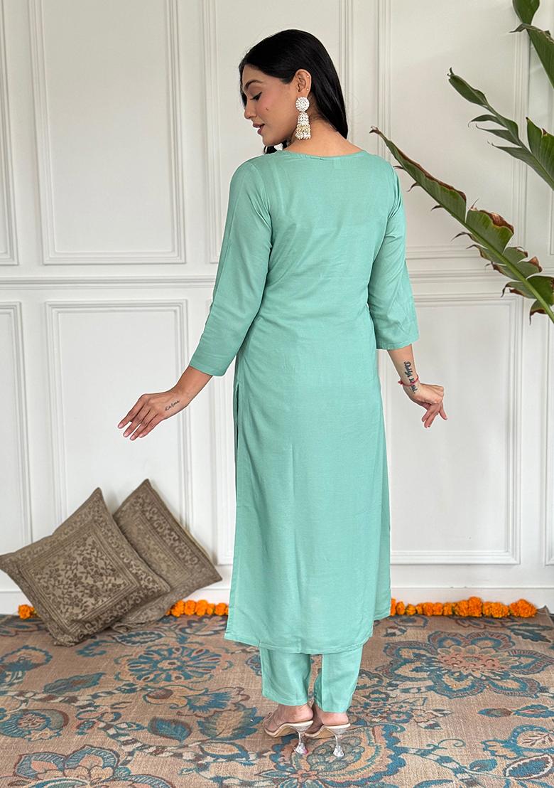Aqua Blue Embroidered Viscose Kurta set