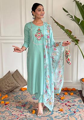 Aqua Blue Embroidered Rayon Kurta set