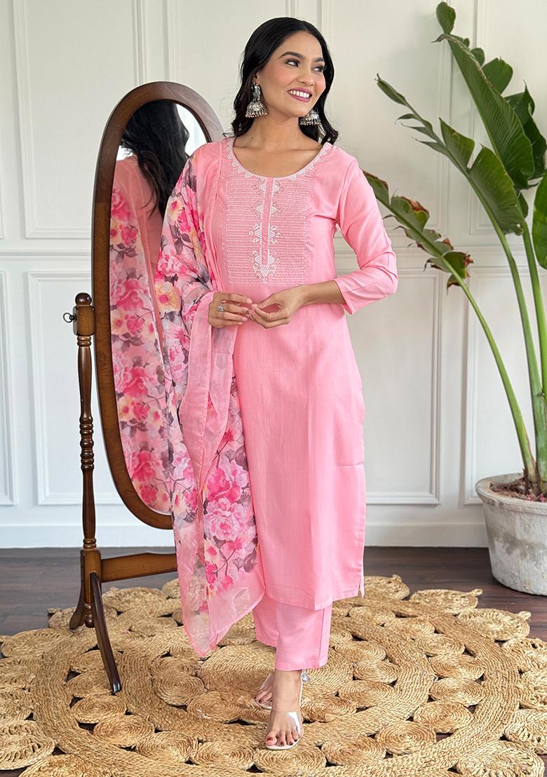 Light Pink Embroidered Rayon Kurta set