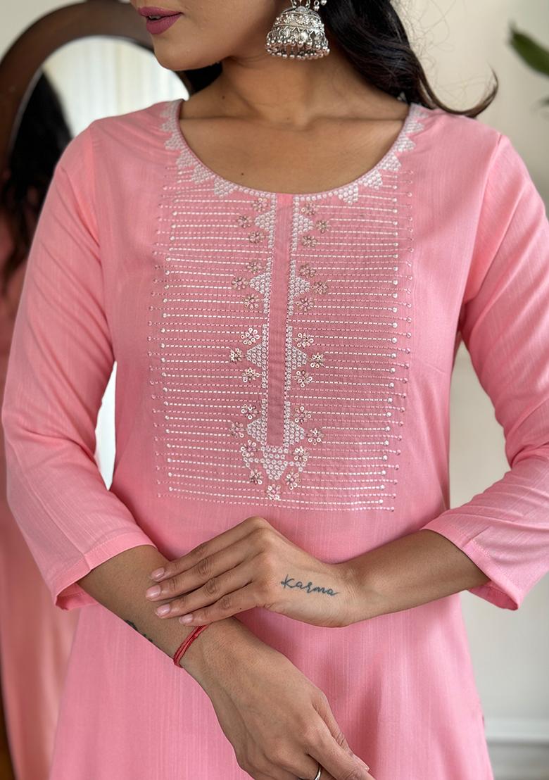 Light Pink Embroidered Rayon Kurta set