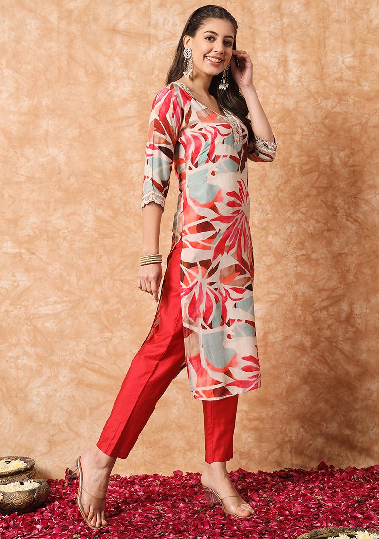 Orange Printed And Embroidered Rayon Kurta set