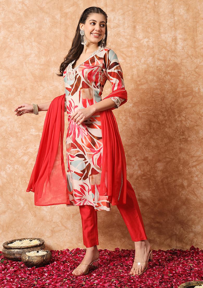 Orange Printed And Embroidered Rayon Kurta set