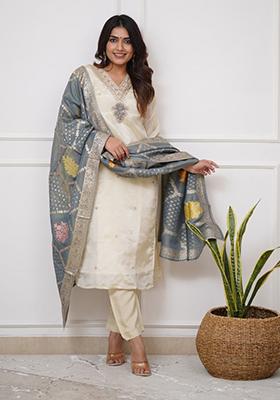 Off White Embroidered Viscose Kurta set