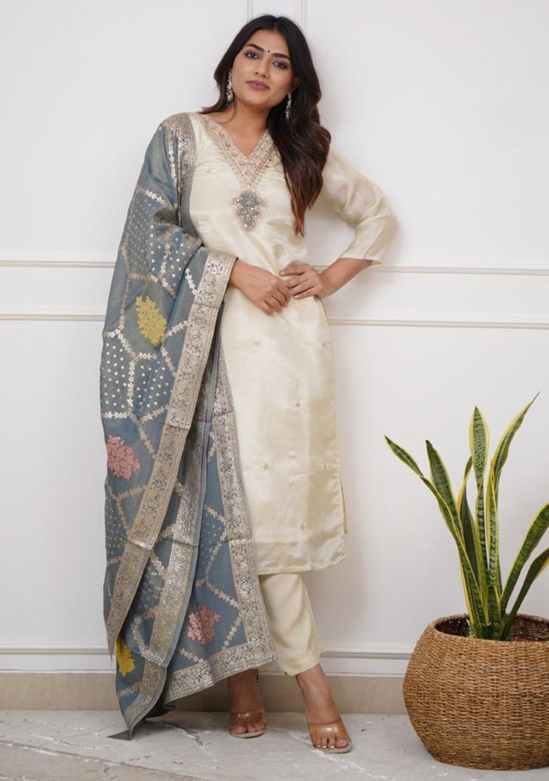 Off White Embroidered Viscose Kurta set