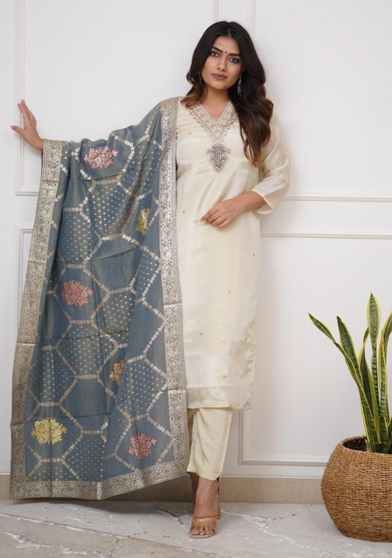 Off White Embroidered Viscose Kurta set