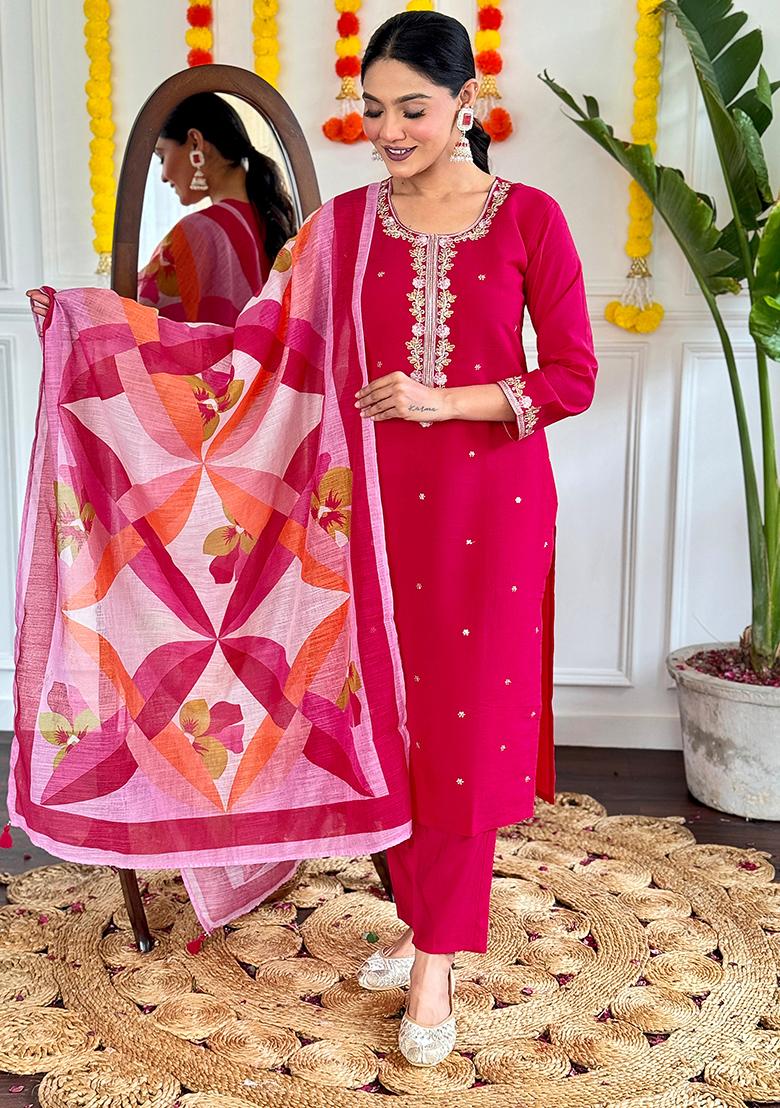 Hot Pink Embroidered Viscose Kurta set