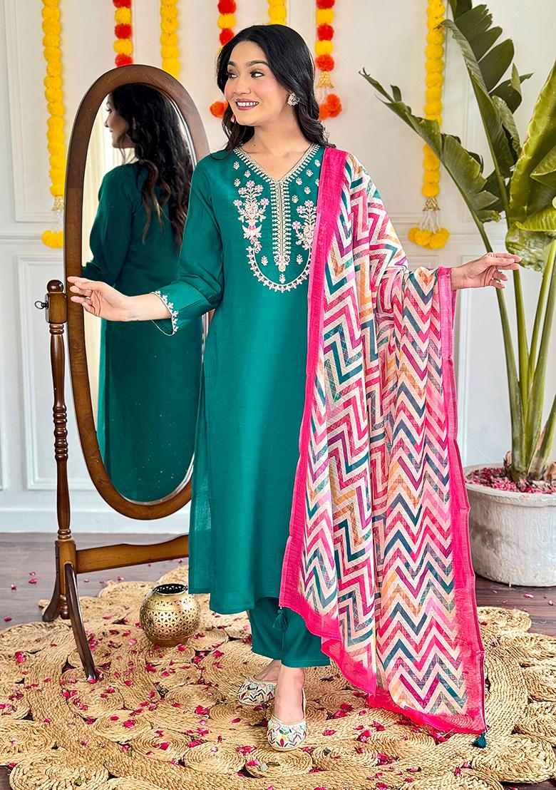 Teal Green Embroidered Viscose Kurta set