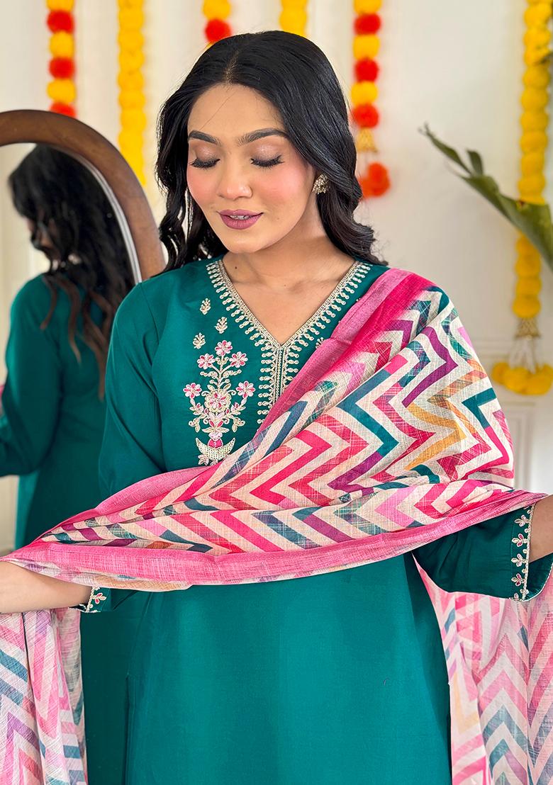 Teal Green Embroidered Viscose Kurta set