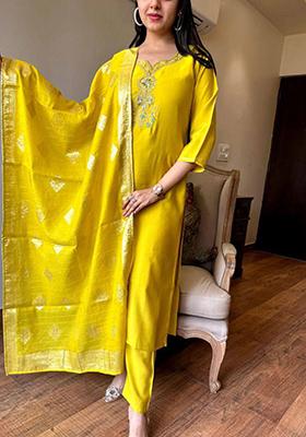 Yellow Embroidered Viscose Kurta set