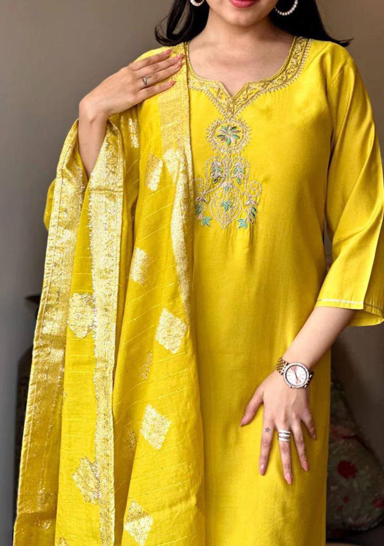 Yellow Embroidered Viscose Kurta set
