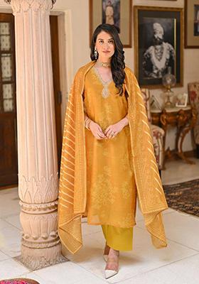 Mustard Embroidered Rayon Kurta set