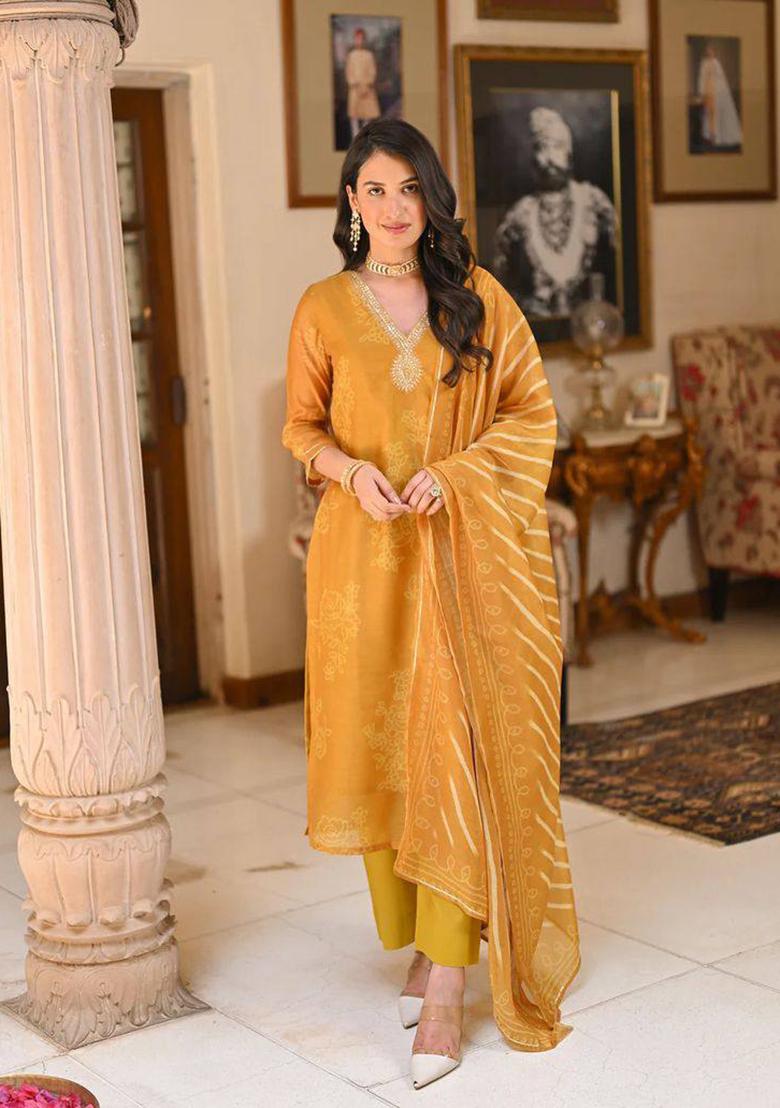 Mustard Embroidered Rayon Kurta set