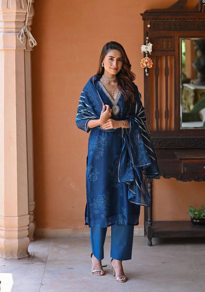 Dark Blue Embroidered Rayon Kurta set