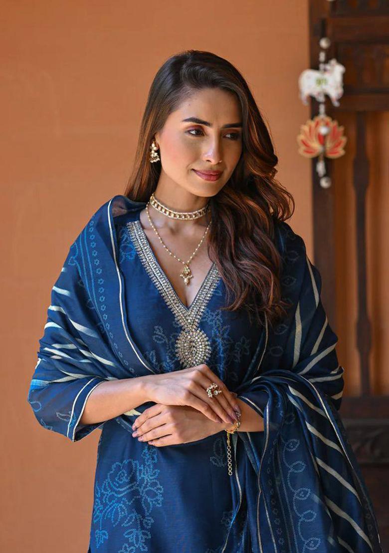 Dark Blue Embroidered Rayon Kurta set