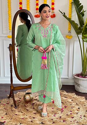 Sea Green Embroidered Viscose Kurta set