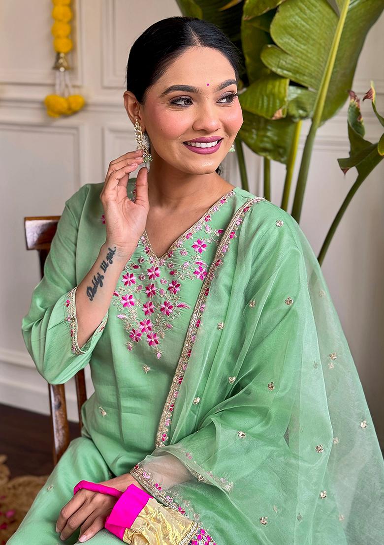 Sea Green Embroidered Viscose Kurta set