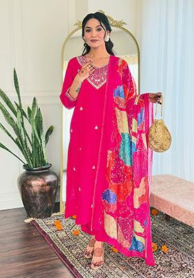 Hot Pink Embroidered Viscose Kurta set
