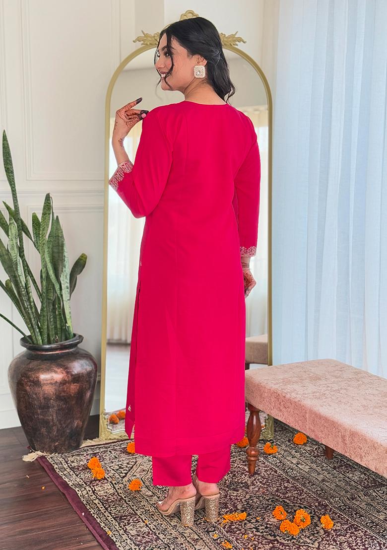 Hot Pink Embroidered Viscose Kurta set