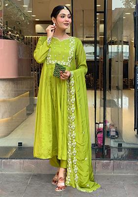 Parrot Green Embroidered Chinon Kurta set