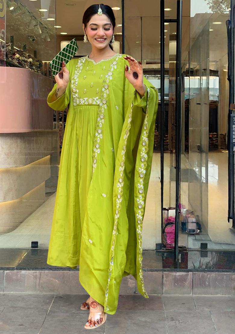 Parrot Green Embroidered Chinon Kurta set