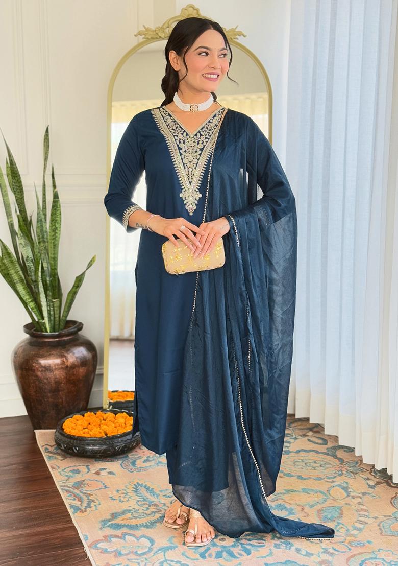 Navy Blue Embroidered Rayon Kurta set