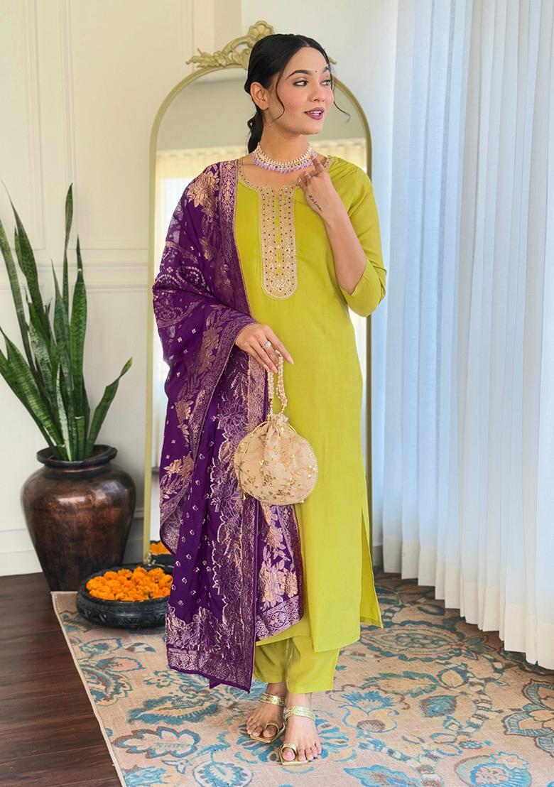 Lime Green Embroidered Viscose Kurta set