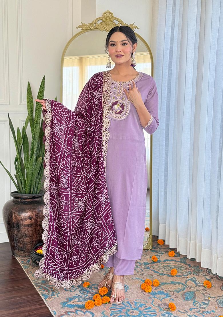 Lavender Embroidered Viscose Kurta set