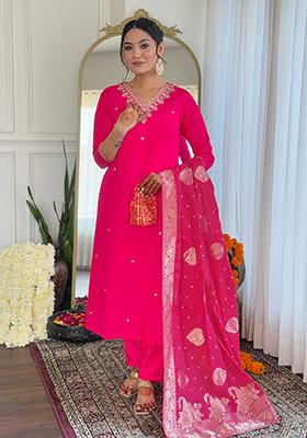 Hot Pink Embroidered Viscose Kurta set