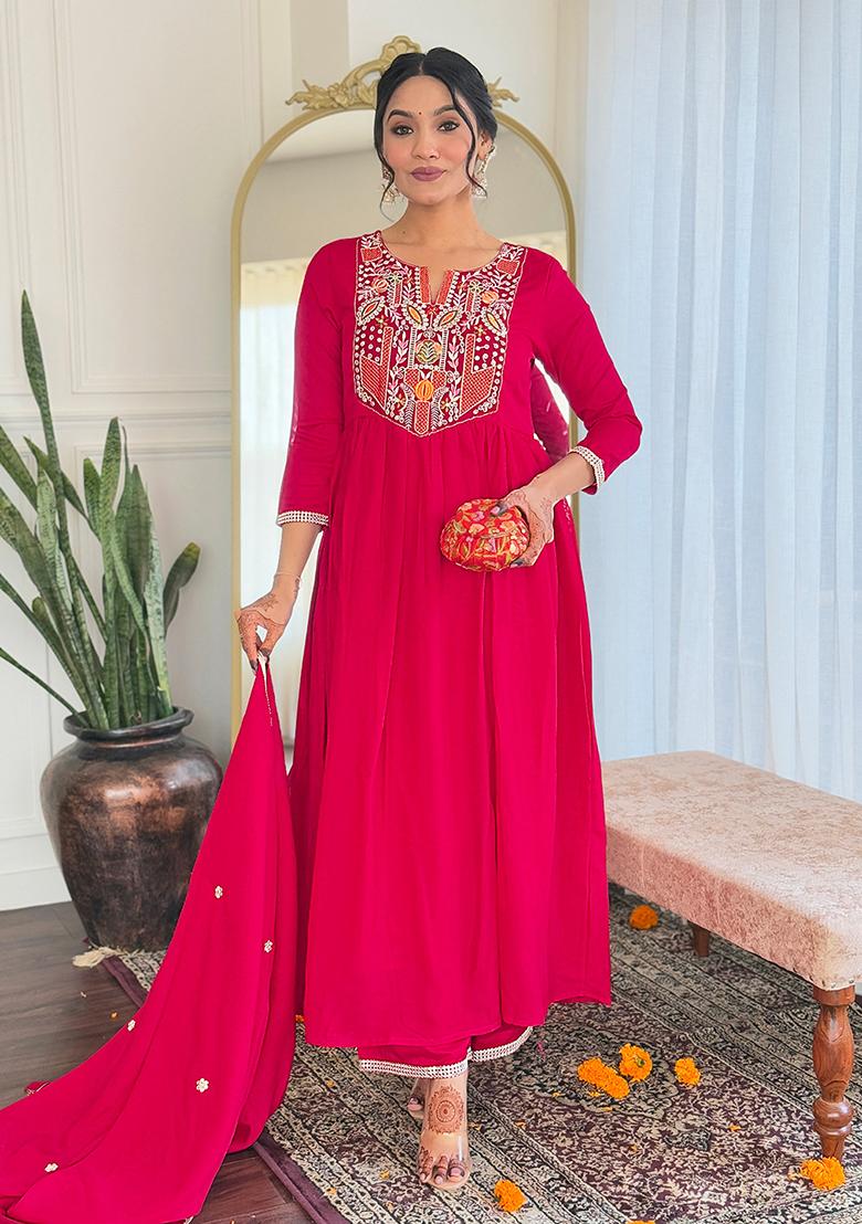 Hot Pink Embroidered Organza Kurta set