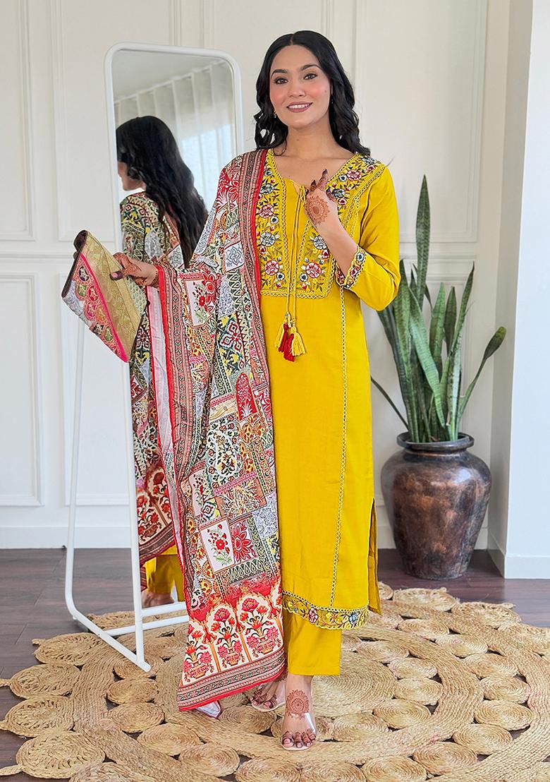Yellow Embroidered Viscose Kurta set