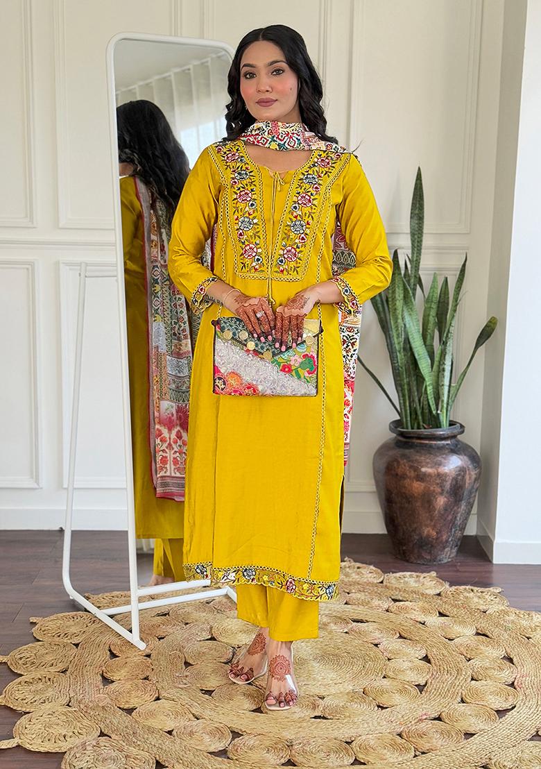 Yellow Embroidered Viscose Kurta set