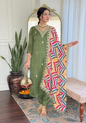 Pista Green Embroidered Viscose Kurta Set