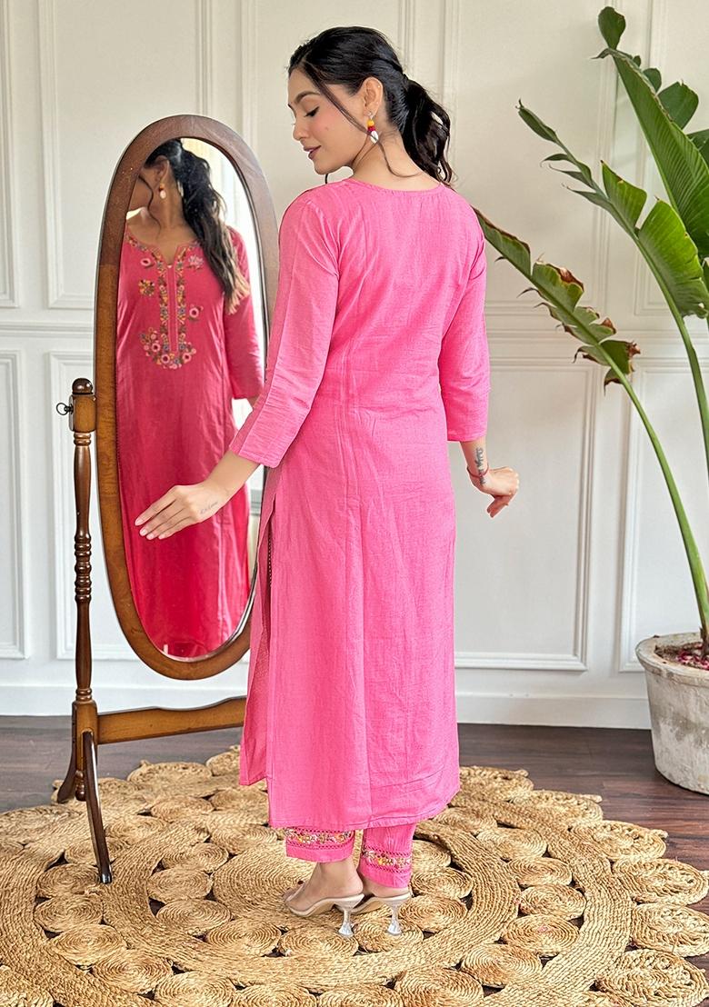 Pink Thread Work Viscose Kurta Set