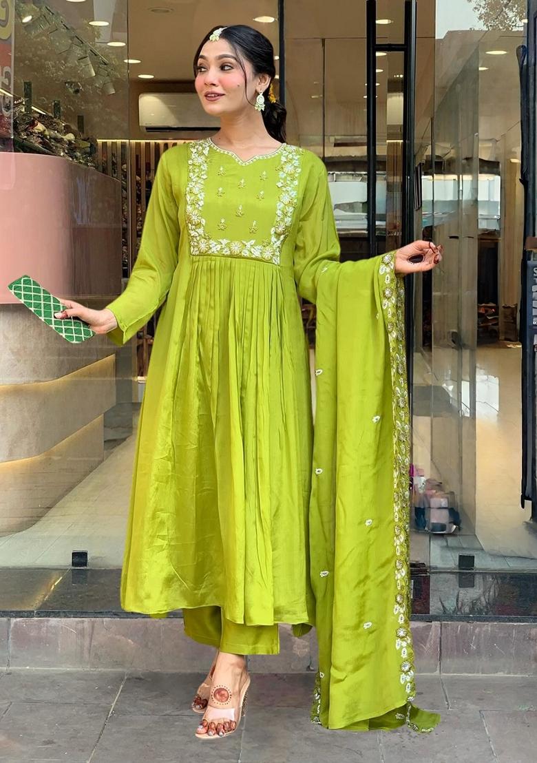 Lime Green Embroidered Chinon Kurta Set