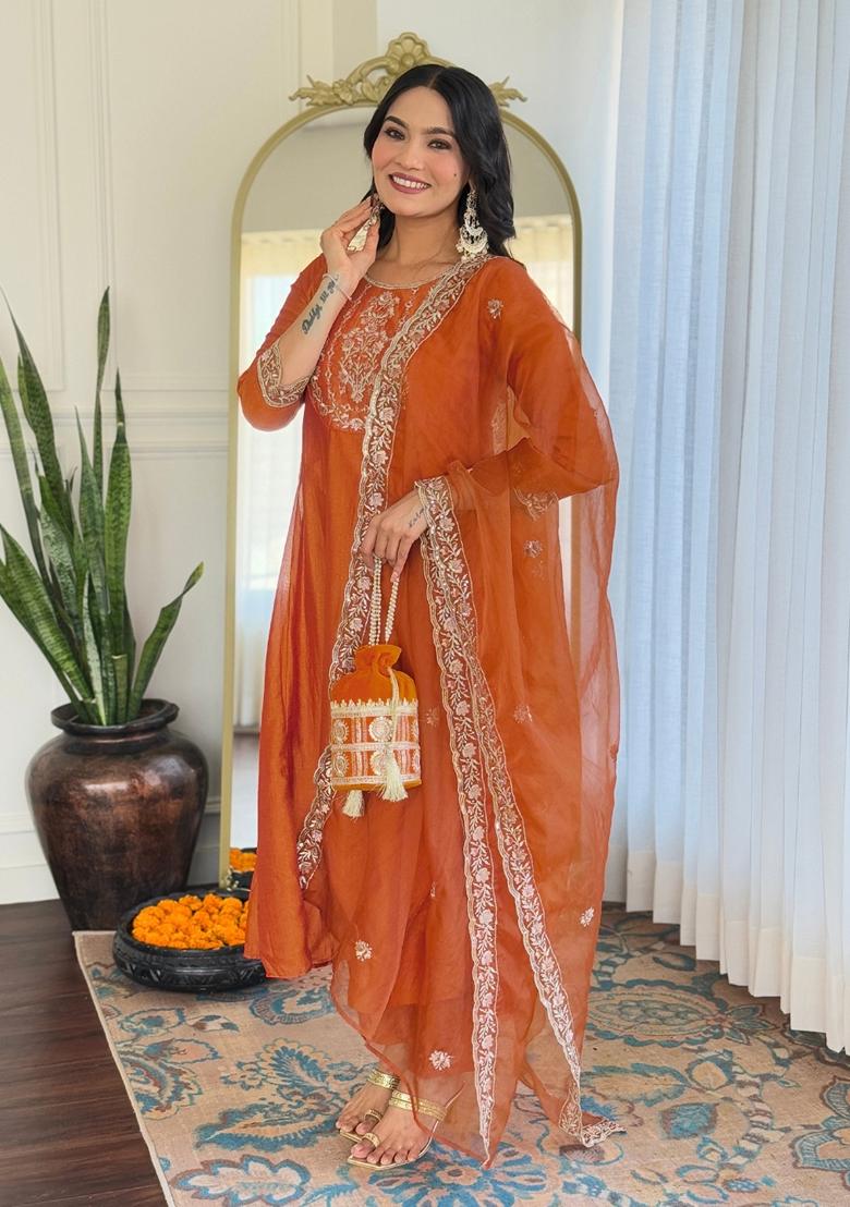 Orange Embroidered Vichitra Silk Kurta Set