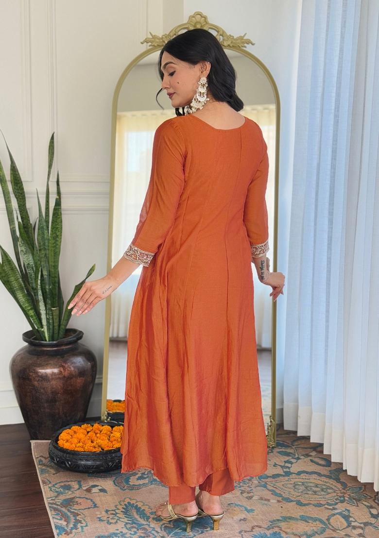 Orange Embroidered Vichitra Silk Kurta Set