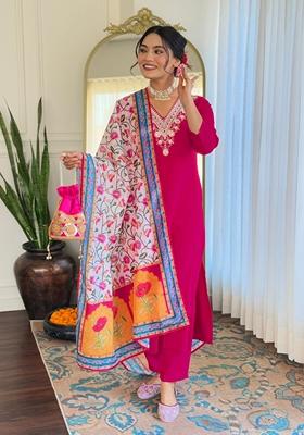 Red Thread Work Chanderi Viscose Kurta Set