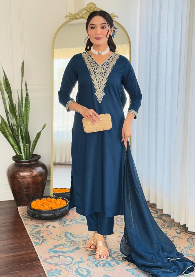 Dark Blue Embroidered Chanderi Viscose Kurta Set