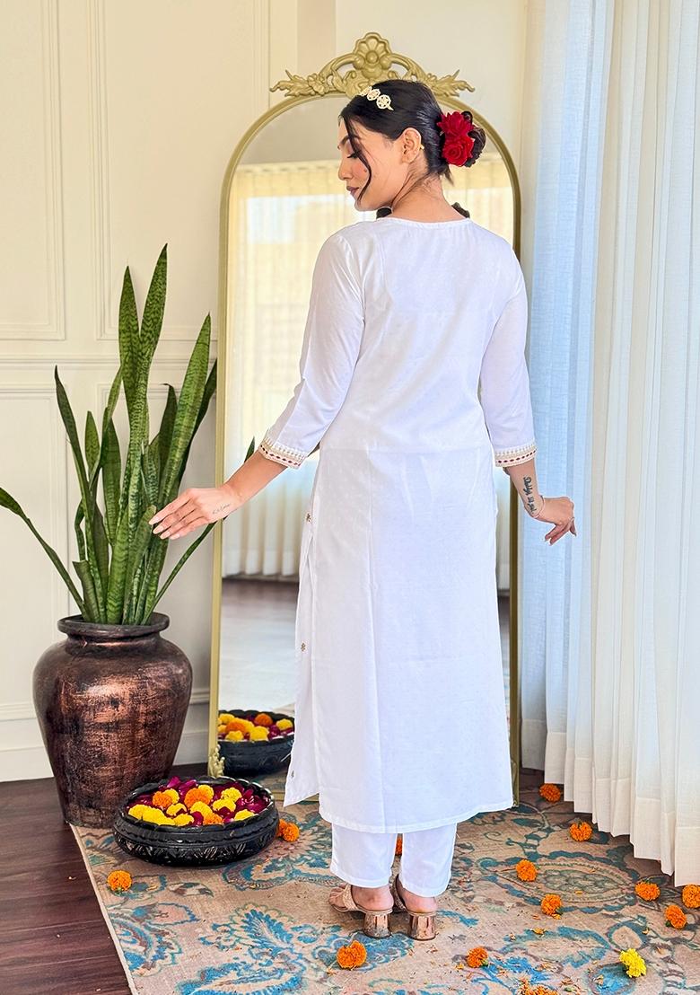 White Embroidered Viscose Kurta Set