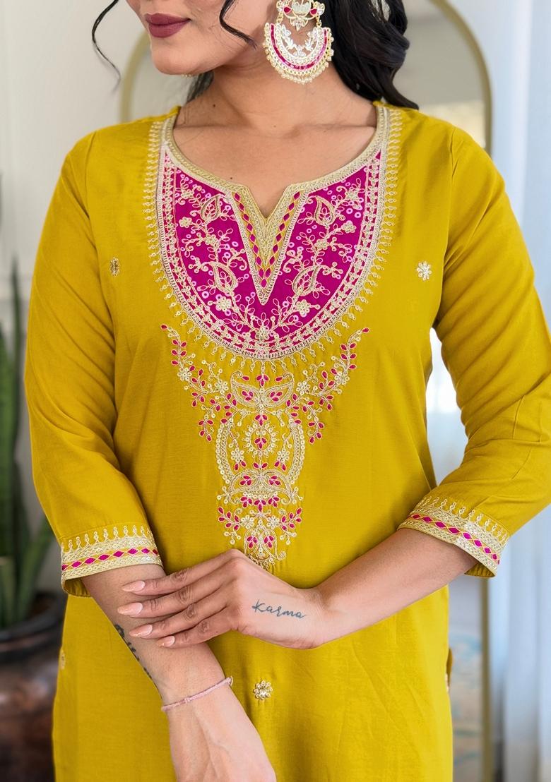 Yellow Embroidered Viscose Kurta Set With Dupatta