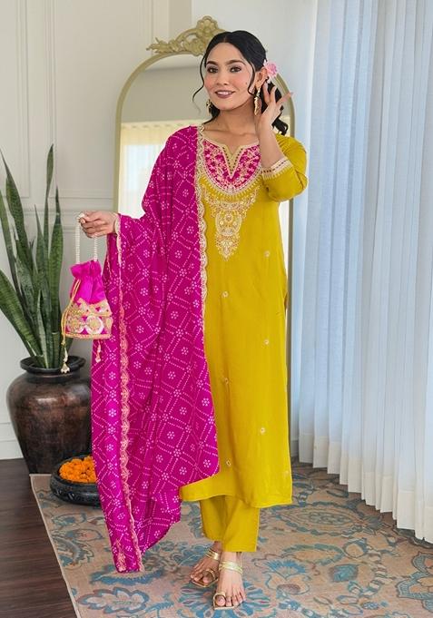 Yellow Embroidered Viscose Kurta Set With Dupatta