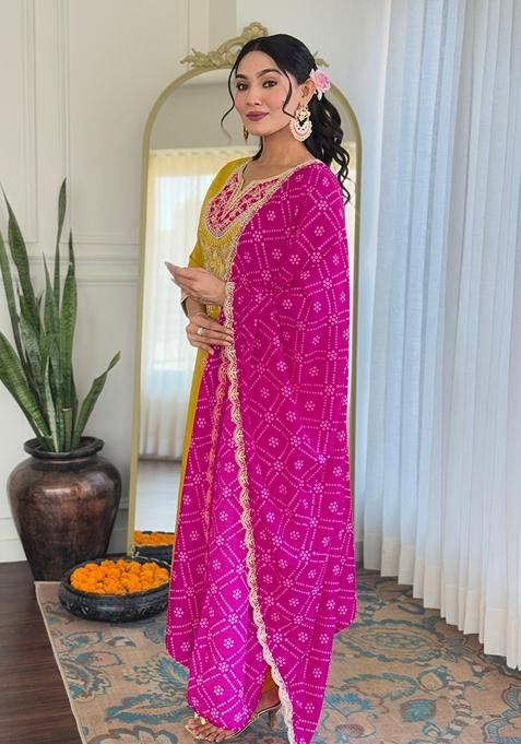 Yellow Embroidered Viscose Kurta Set With Dupatta