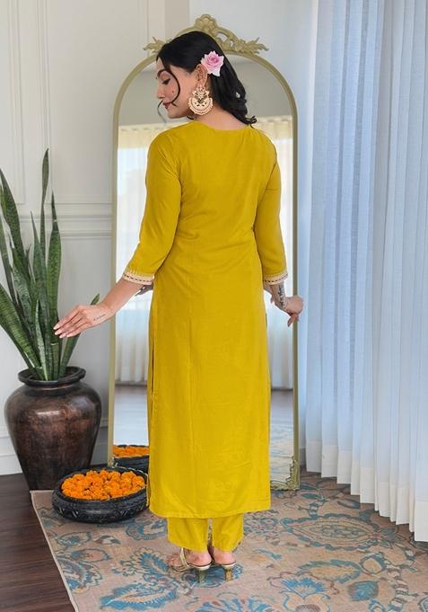 Yellow Embroidered Viscose Kurta Set With Dupatta