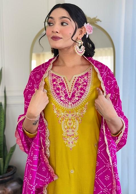 Yellow Embroidered Viscose Kurta Set With Dupatta