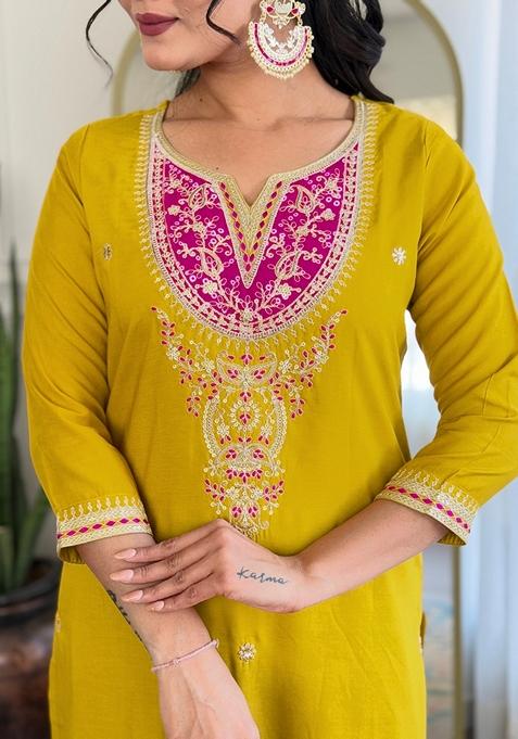 Yellow Embroidered Viscose Kurta Set With Dupatta