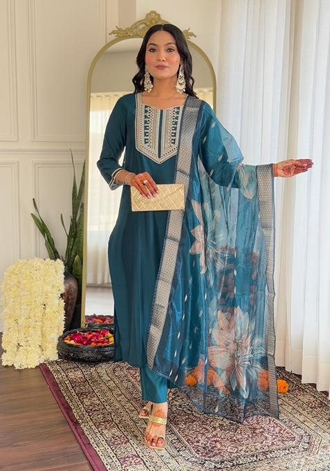 Teal Embroidered Viscose Kurta Set