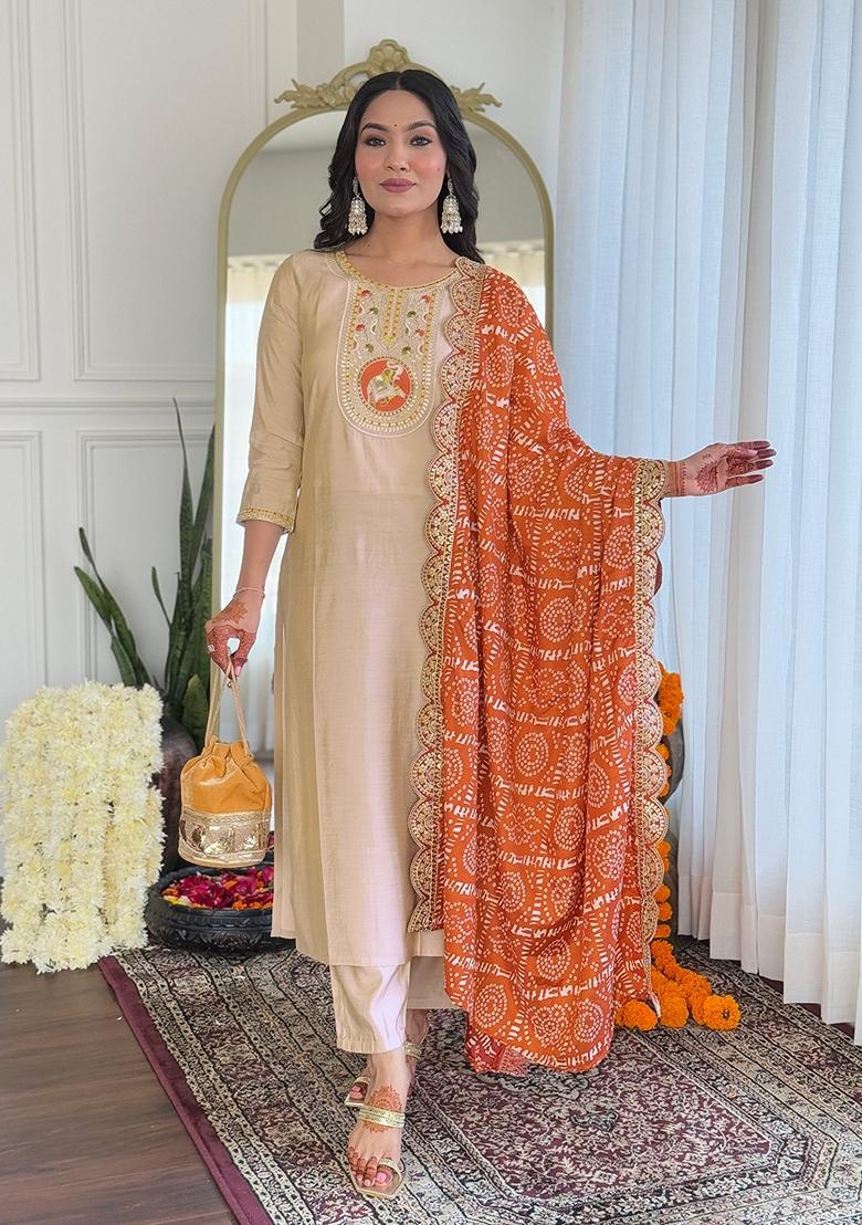 Cream Embroidered Viscose Kurta Set With Dupatta
