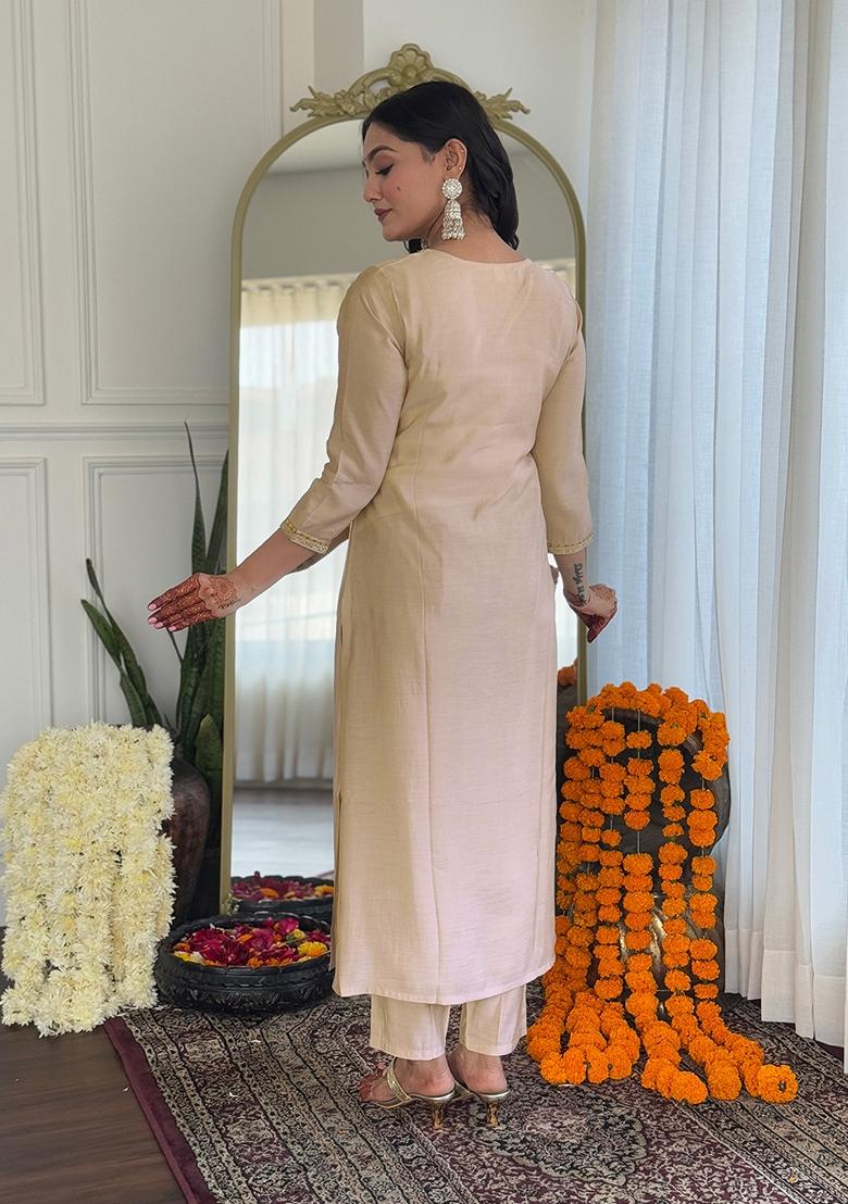 Cream Embroidered Viscose Kurta Set With Dupatta