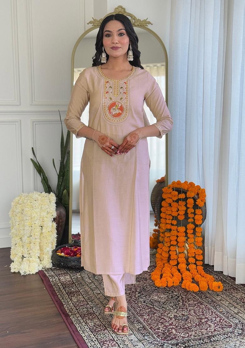 Cream Embroidered Viscose Kurta Set